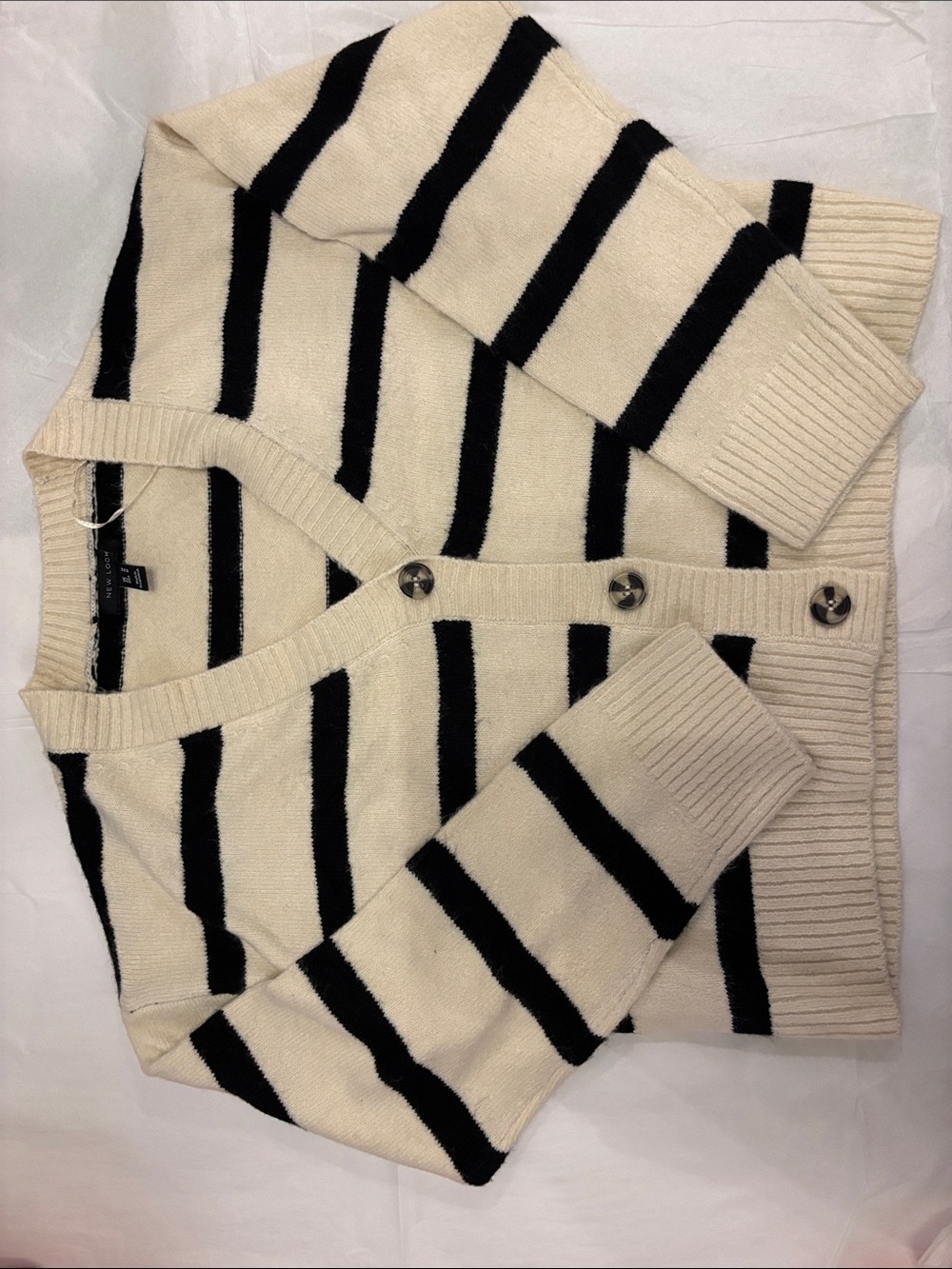 New Look Cream & Black Striped V-Neck Button Cardigan